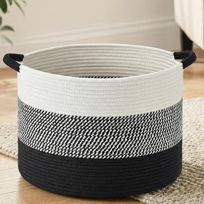 Artfeel 40L Large Cotton Rope Basket, Decorative Woven Blanket Storage for Living Room, Boho Toy Storage & Toy Box for Kids, Versatile Laundry Basket & Nursery Hamper for Blankets(Black) by Artfeel