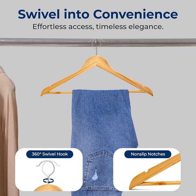 SereneLife Solid Wooden Hangers, Mega Pack, 60 Pieces Hangers for Clothes, Heavy Duty Suit Hanger Set with Chrome 360 Degree Swivel Hook, Notched Design, Natural Wood Color - Image 6