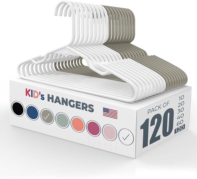 Plastic 12” Kids Hangers 100+ Pack (120 Count) – Made in the USA – 5lb Capacity Baby & Toddler Clothes Hangers with Notches & Reinforced Edges – Fits Children’s Sizes Up to 8 – White & Gray by NeatiesHangers