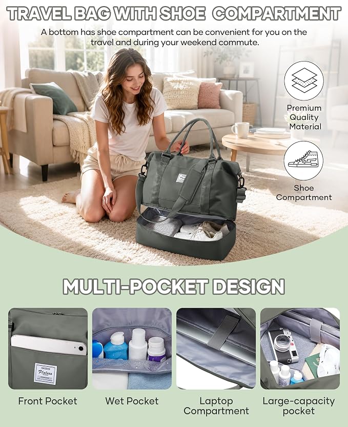 Travel Duffel Weekender Bag Women Tote Carry On Bags With Shoe Compartment | 18x14x8 inches Travel Overnight Bags with Trolley Sleeve for Airplanes Waterproof Sport Tote Gym with Toiletry Bag Green - Image 6
