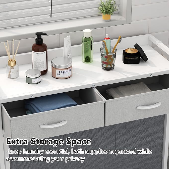 Laundry Hamper Laundry Basket with 3 Section Pull-Out Rolling Bags, Laundry Sorter for Organization and Storage with 2 Pull-Out Drawers for Laundry Room (White+Grey, 32.68'' x 31.81'' x 12.6'') - Image 5