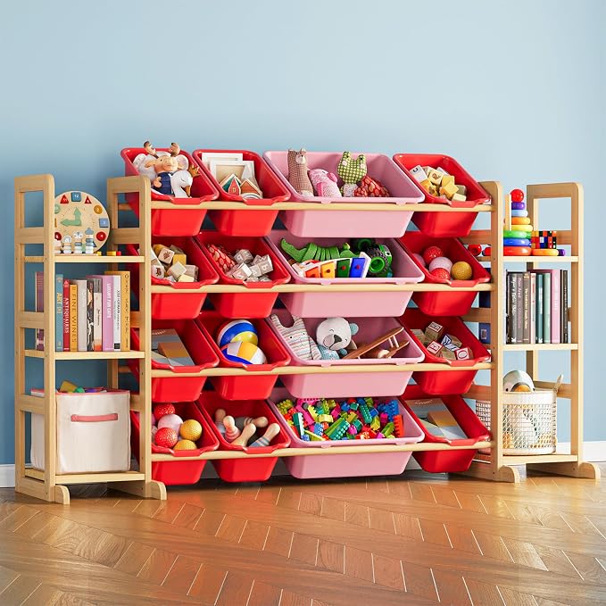 SpaceAid Toy Storage Organizer with 6 Shelves and 16 Bins, Toy Organizers Storage Bookshelf, Kids Bin Shelf Toys Box Bookcase for Bedroom Playroom Organization Room Decor, Red and Pink by SpaceAid