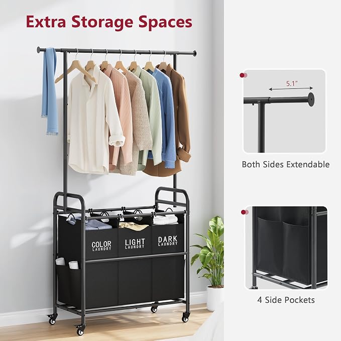 Laundry Sorter with Hanging Bar, 3 Section Laundry Hamper, Black | 39 Gal Laundry Sorter with Hanging Rod and Removable Bags, Divided Laundry Basket Organizer for Bedroom, Bathroom, Home - Image 6