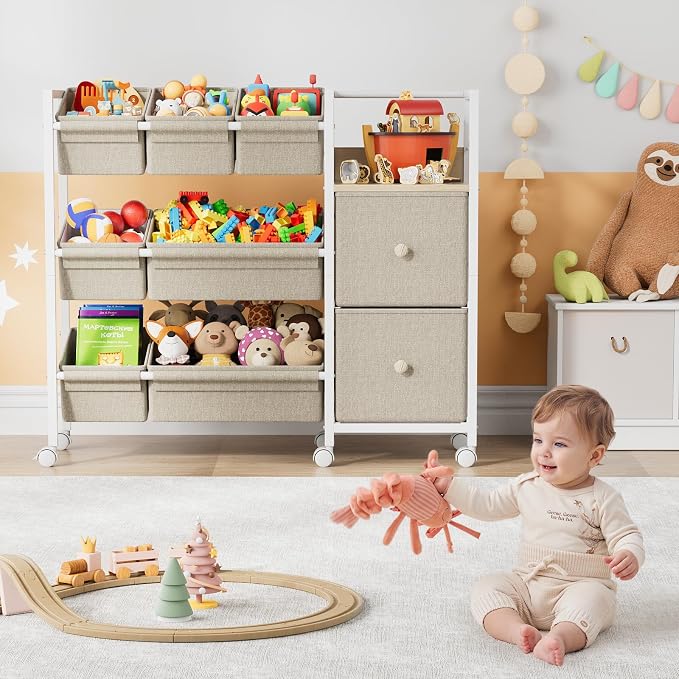 Modanais Kids Toy Organizers and Storage Bins, Off White | 7 Storage Bins + 2 Fabric Drawers + 1 Bookshelf, Playroom Storage, Organizer for Toy, Clothes, Blankets and Books - Image 6