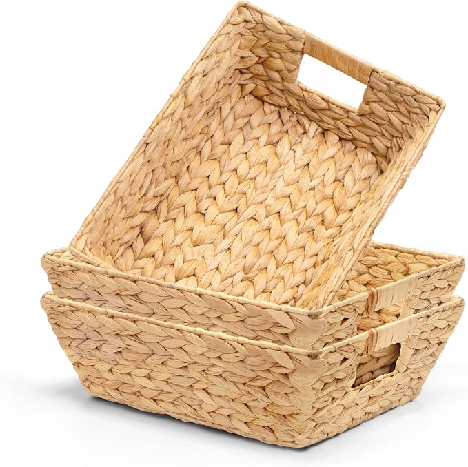 M4DECOR 3-Pack Water Hyacinth Trapezoid Wicker Storage Baskets, 14" | Handwoven natural bins with handles for snacks, pantry, kitchen, closet & shelf organization by M4DECOR