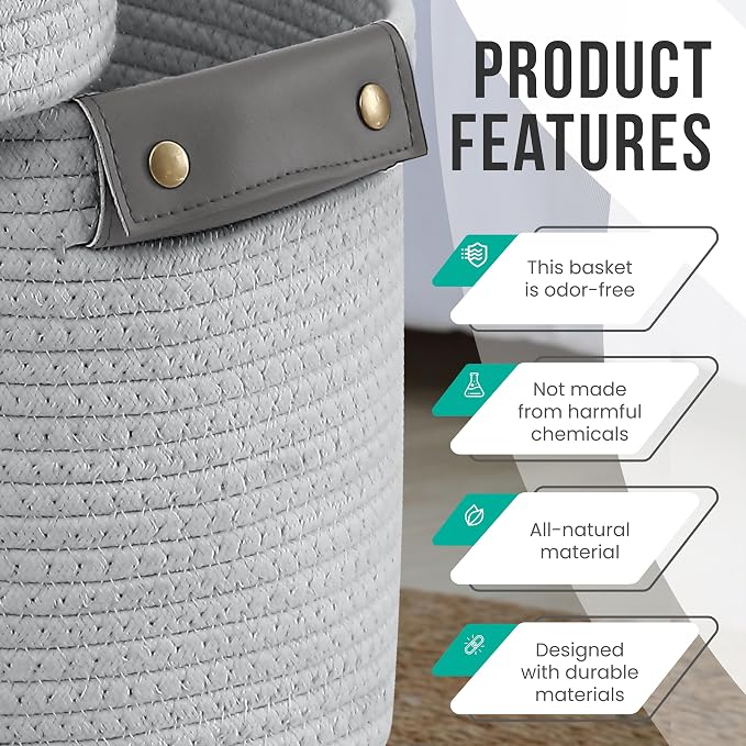 3 Pack Woven Cotton Rope Storage Basket, 15x10x9, Gray | Faux Leather Handles; Decorative Closet Shelf Organizer; Ideal for Storage & Organization - Image 3