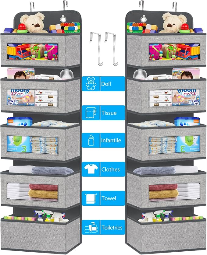 2 Pack Over the Door Hanging Organizer with 5 Large Pocket and Clear Window, Sturdy Over the Door Storage Organizer for Closet, Pantry, Bathroom,Bedroom, Nursery, Dorm (Grey) - Image 2