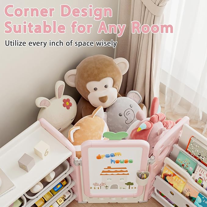Kids Toy Storage Organizer with 10 Removable Bins, Foldable Toy Organizers and Storage with 3-Tier Bookshelf for Kids Toy Storage Organizer with Drawing Board, Extra 3 Brushes (4 In 1 Light Pink) - Image 7