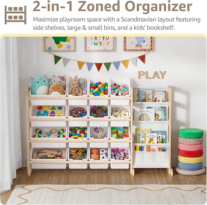 NUTIKAS Toy Storage Organizer with Bookshelf - Wooden 12 Bins Kids Toy Organizer Rack, Solid Pine Wood, Toys Box for Toddler, Playroom, Living Room, Bedroom, Nursery - Image 3