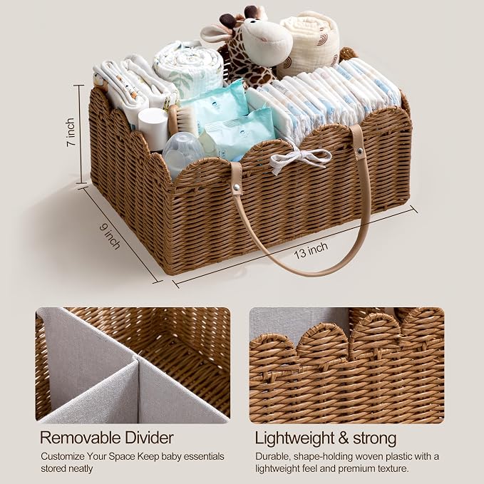 HBlife Baby Diaper Caddy Organizer, Portable Scalloped Plastic Wicker Woven Basket with Divider, Nursery Diaper Station, Baby Shower Gifts Basket, Car Organizer, Washable Waterproof - Image 5
