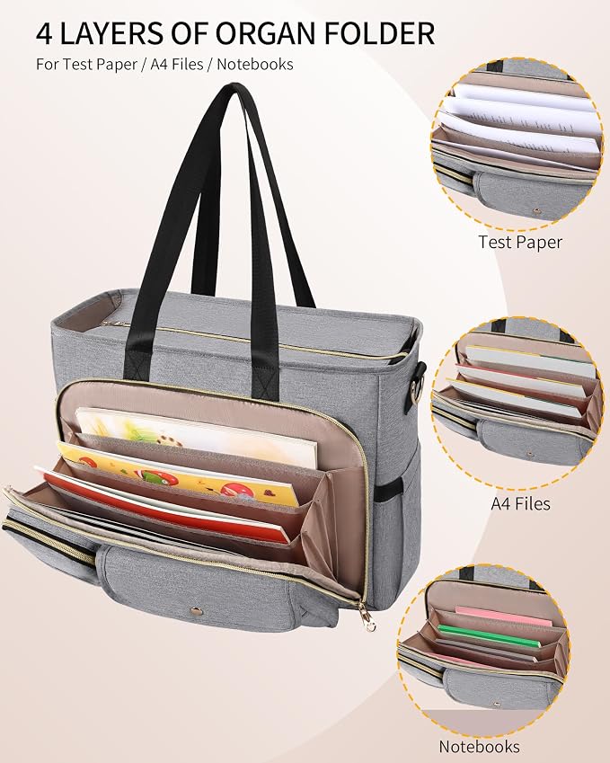 ESTARER Teacher Tote Bag Women 15.6 inch Laptop Bag for Work with Accordion File Organizer & Insulated Pocket, Professional Computer Messenger Shoulder Bag Briefcase for Office/College/Nursing (Grey) - Image 4