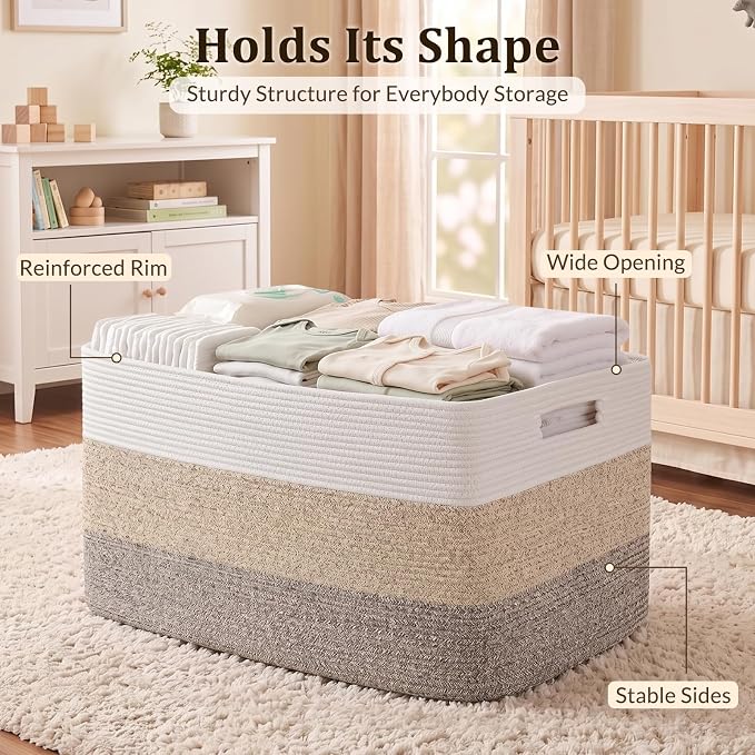 OIAHOMY 108L Super Large Blanket Basket, 25”x16”x16”(108L) Rectangle Woven Baskets for Storage, Cotton Rope Basket For Living Room, Toy Storage with Handle- Gradient Brown - Image 4