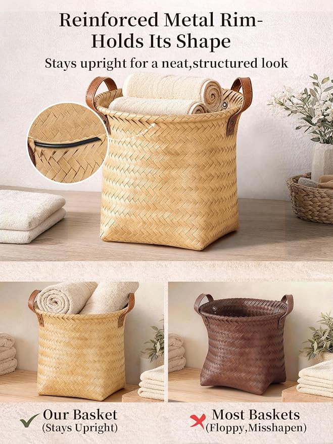 Wicker Storage Baskets, 4 Pack Woven Baskets for Shelves, Yellow | PP Rattan, Water-resistant Wicker Basket, Large Baskets with Faux Leather Handles for Blanket, Laundry Organizer, Room Decor - Image 4