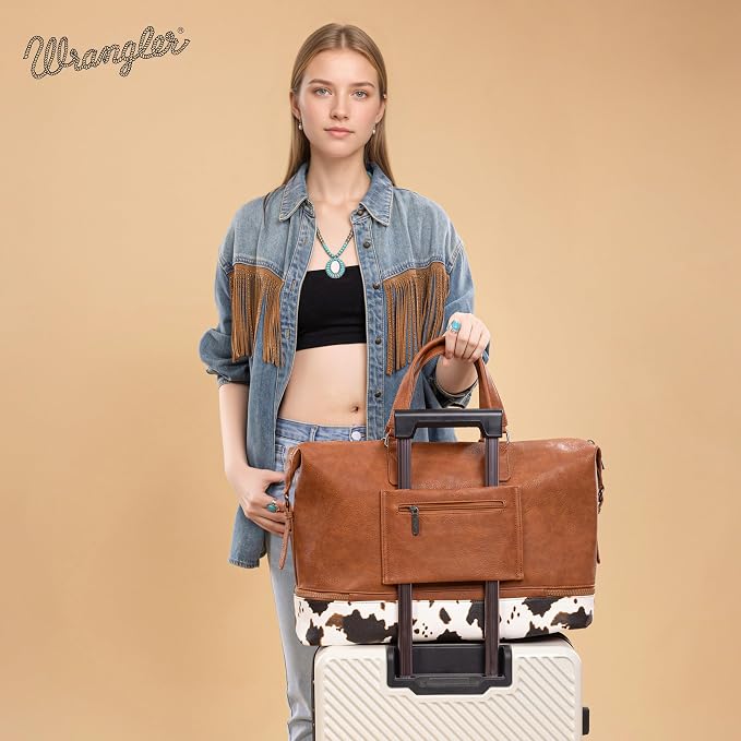 Wrangler Travel Duffel Bag Carry On Overnight Bag with Shoe Compartment Cow Print Weekender Bag for Women WG253-5110COW-BR - Image 4