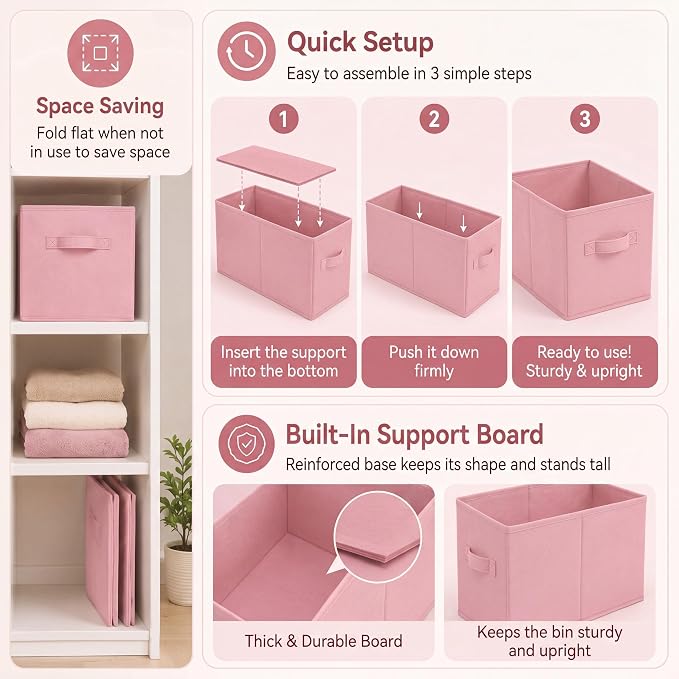 Yinder 4 Pcs Cube Storage Bin, Light Pink 14''x10''x8'' Storage Cubes | Kids Classroom Playroom Decor, Pink Bins, Foldable Baskets for Nursery Organizer Boxes Fabric Boxes - Image 4