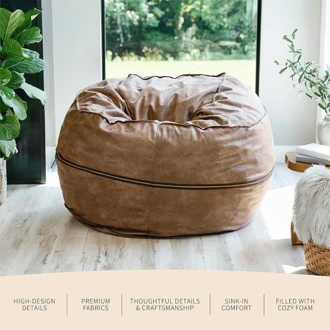 Big Joe Fuf 5Ft Oversized Foam Bean Bag Chair with Removable Cover for Kids, Teens, Adults, Coffee Soft Vegan Leather, 5 Foot Large Reading and Gaming Seat - Image 6