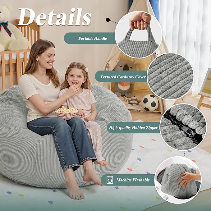 3FT Bean Bag Chair for Adults,3' Big Teardrop Beanbag with Filler | Beanbag Chair with Memory Foam Filled,Bean Bags with Handy Handle&Machine Washable Cover for Living Room,Bedroom-Light Grey - Image 5