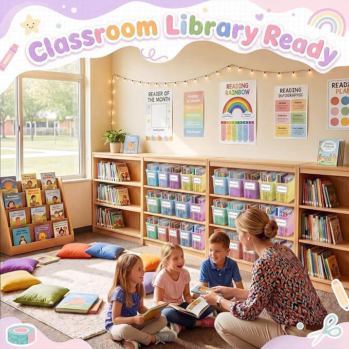 Blosssound 24 Set Book Bins for Classroom Stackable,Translucent Pastel | Plastic Baskets with Labels, Slanted Front, Library Supplies Organizers, Desktop Storage Bins, Teachers Home School Use - Image 5