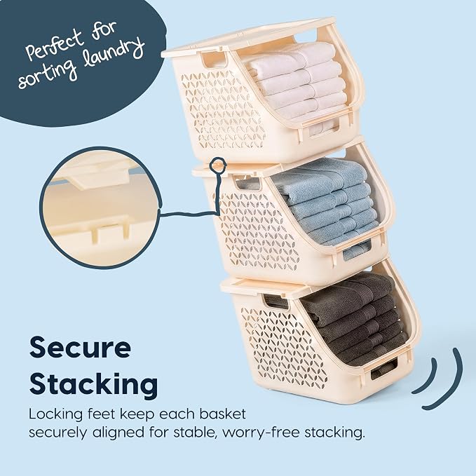 IRIS USA Laundry Basket Hamper, 40L - 3 Pack, Sorter Bin with Lids, White | Stackable, Open Front, Built-In Handles, Ventilation, - Image 5