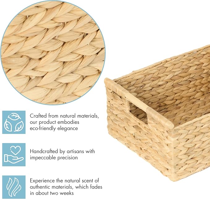 VATIMA Extra Large Wicker Basket Rectangular with Wooden Handles for Shelves, Water Hyacinth Basket Storage, Natural Baskets for Organizing, Wicker Baskets for Storage 16.7"x12.4"x7" - Image 4