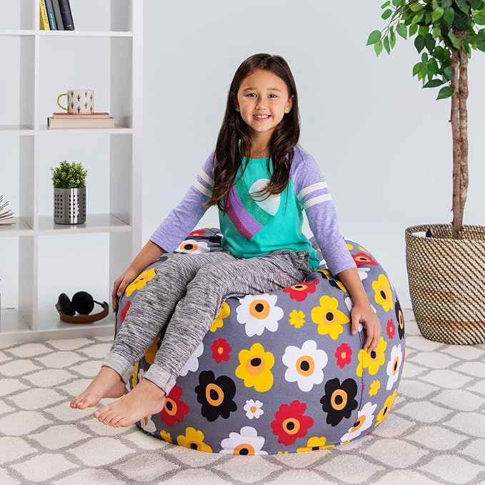 Posh Stuffable Kids Stuffed Animal Storage Bean Bag Chair Cover - Childrens Toy Organizer, Large 38" - Canvas Multicolored Flowers on Gray - Image 4