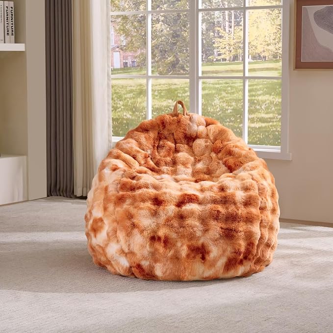 Fluffy Faux Rabbit Fur Bean Bag Chair Cover(No Filler),Cozy Shaggy Bubble Stuffed Animal Storage Large Bean Bag Cover for Bedroom Living Room,Tie-dye Burnt Orange by Animebody