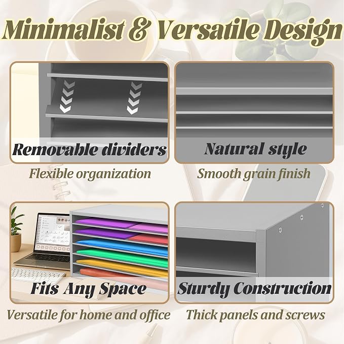 Construction Paper Organizer 20" x 13.5" x12.2",Soild Wooden Paper Organizer with 6-Tier Letter Trays, Desktop File Papers Sorter for Home, Classroom and Office (Gray) - Image 3