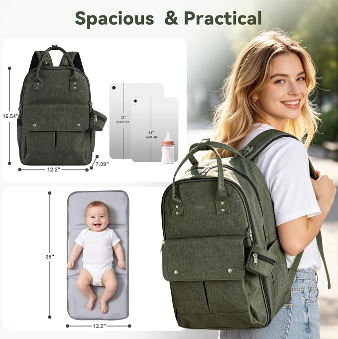 Modern Diaper Bag Backpack for Moms Dads with Hidden Pocket Green | Allovely Diaper Bag Backpack, Large 22L Baby Bags for Boys Girls, Multi-functional Travel Diaper Backpack, Stroller Straps - Image 2