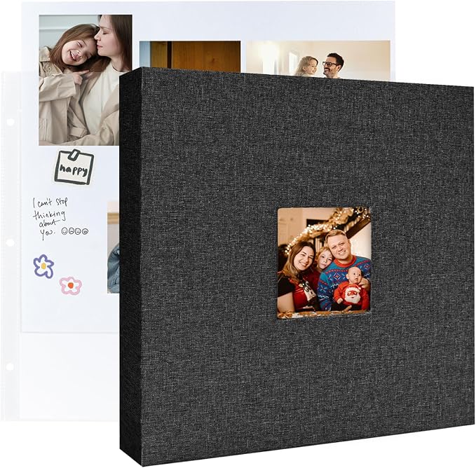 3 Ring Binder 12x12 Inch Large Scrapbook Photo Album, Linen Cover Scrap Book with 30 Plastic Sleeves 60 Pages 12 x 12 Scrapbooks White Pages for Wedding Couples Baby Travel Women kids (Black) by LUOCCHI
