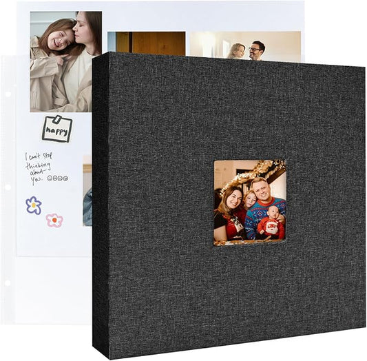 3 Ring Binder 12x12 Inch Large Scrapbook Photo Album, Linen Cover Scrap Book with 30 Plastic Sleeves 60 Pages 12 x 12 Scrapbooks White Pages for Wedding Couples Baby Travel Women kids (Black) by LUOCCHI