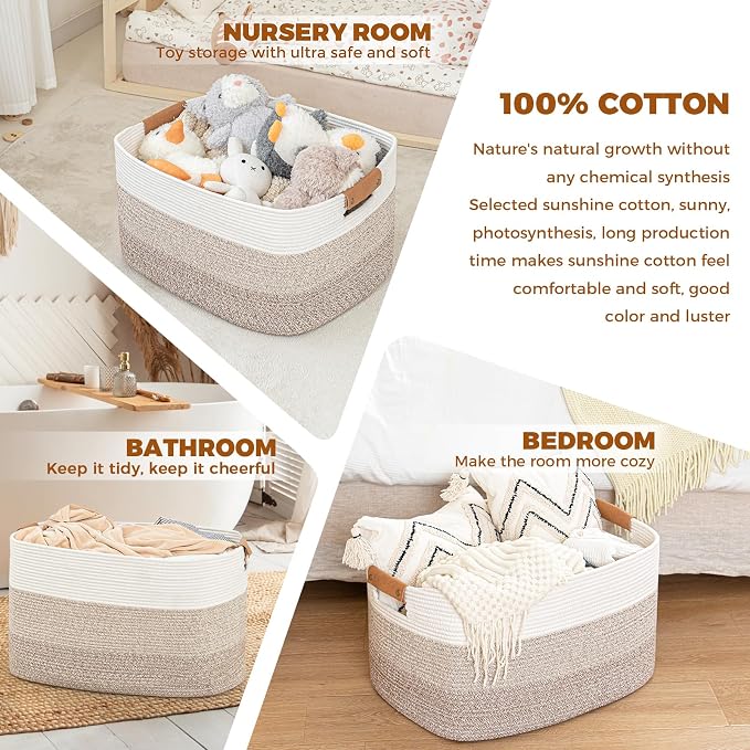 108L Large Blanket Basket for Living Room, Woven Storage Basket with Leather Handles, Cotton Rope Storage Organization in Nursery for Toys & Clothes 25 ''* 16 ''*16 '', Gradient Brown - Image 3