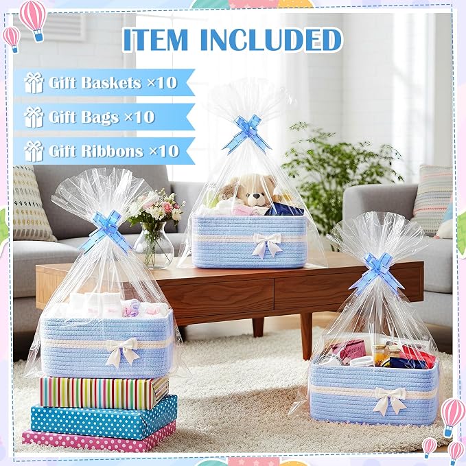 10 Pack Empty Gift Baskets, 12x8x5 Small Blue Woven Cotton Rope Baskets with Gift Bags & Ribbons, Decorative Baby Shower Hamper, Nursery Storage Basket with Handles for Shelves - Image 2