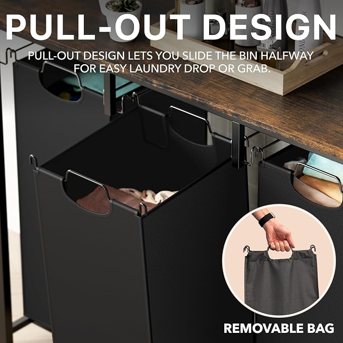 Simple Houseware 3-Section Laundry Sorter w/Tabletop Shelf, Rustic Brown | 3 Pull-Out,10-Gallon Hampers, Metal Frame Laundry Organizer for Bedroom, Bathroom, - Image 2