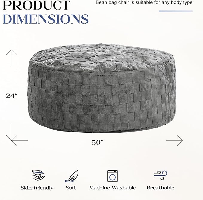 Hobestluk Adults Bean Bag Chair 5FT Big BeanBag Chair Giant Large Oversized | Memory Foam,Washable Cover,Unique Fluffy Plaid,Comfy Adult BeanBag with Filler Lounging Gaming Bedroom Living Room | Grey 5FT - Image 2