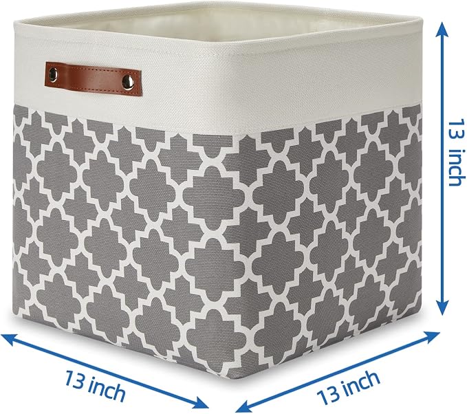Temary 13ﾗ13ﾗ13 Foldable Storage Cube Baskets Fabric Cube Storage Basket for Organizing Cloth Storage Bins with Leather Handles for Gifts Empty, Closet (Grey Lattice) - Image 2
