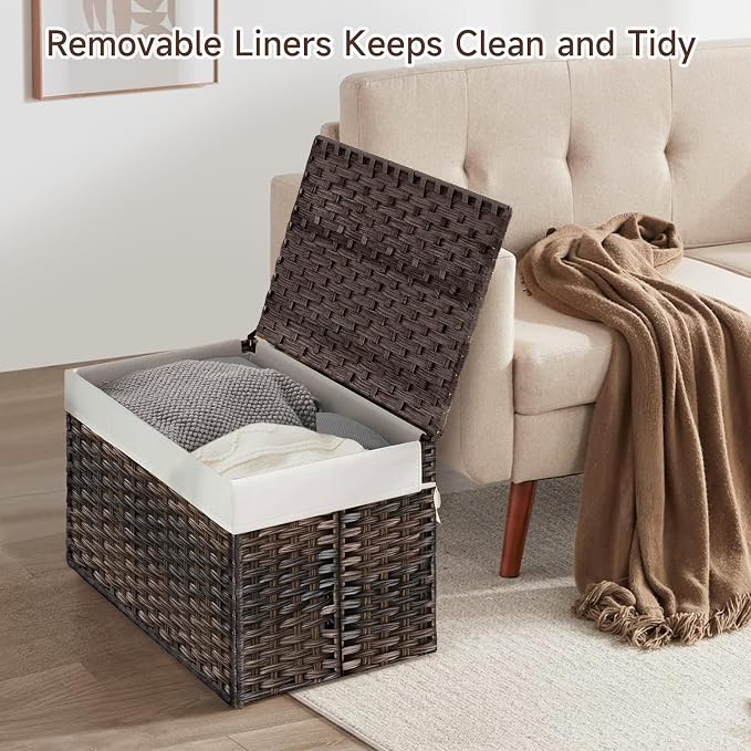 180L Wicker Storage Basket with Lid, Handwoven Rattan Large Shelf Basket with Removable Liner, 47.6 Gallon Wicker Basket for Blanket, Storage Trunk with Handle for Closet, Bedroom, Livingroom, Brown - Image 2