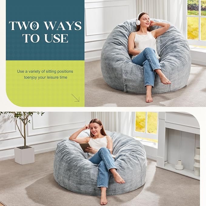 Hobestluk Bean Bag Chair for Adult Giant Beanbag with Filler Grey 3FT | Breathable Material Removable Machine Washable Cover Memory Foam Living Room Bedroom Reading Gaming Oversized Large Big - Image 3