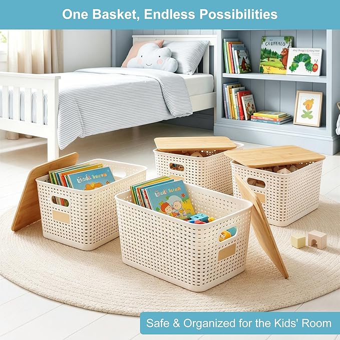 2 Pack Tall Plastic Storage Bins with Bamboo Lids, 10.8qt Stackable Storages Baskets for Organizing Desktop Closet Playroom Classroom Office, 12"L x 8.3"W x 6.1"H, Cream White - Image 4