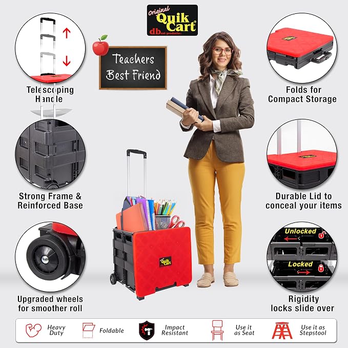 dbest Products Quik Cart Standard Collapsible Rolling Crate - Red Lid | with Wheels, Roll Up to 80 lbs Capacity, Heavy Duty Plastic Construction, Telescoping Handle, Foldable Utility Cart - Image 2