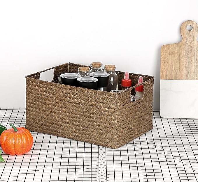 Hipiwe Wicker Storage Baskets Bin for Shelf Rectangular Seagrass Basket | Handwoven Opened Baskets Bin with Handle, Decorative Basket Box for Closet Bedroom Organizer - Image 7