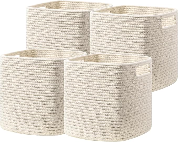 Dreamcountry 11 Inch Cube Storage Bins, Storage Cubes with Handles, 4 Pack Cotton Rope Basket for Shelves, Cube Storage Organizer forToys, Book, Clothes, Home, Office, Nursery, Beige by Dreamcountry