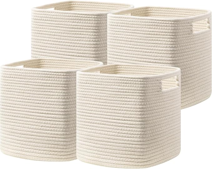 Dreamcountry 11 Inch Cube Storage Bins, Storage Cubes with Handles, 4 Pack Cotton Rope Basket for Shelves, Cube Storage Organizer forToys, Book, Clothes, Home, Office, Nursery, Beige by Dreamcountry