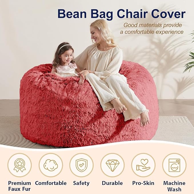 Bean Bag Cover (No Filler) - Faux Fur Beanbag Chairs Covers Only, Stuffed Animal Storage Bean Bag for Adults, Large Washable Beanbag Cover Without Filling, 5FT, Red - Image 4