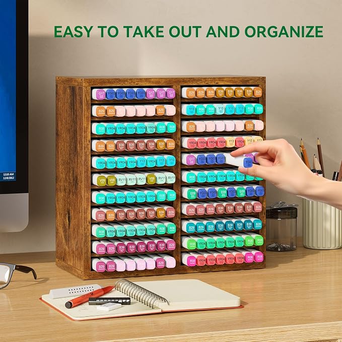 YMYNY Wooden Marker Organizer, Vintage Brown,11.81 x 5.31 x 11.81 HMR001H | Desktop Storage Hold 176 Markers,Pens,Pencils,Art Brushes Stationary Organizer Pencil Holder with 22 Compartments for Home - Image 5