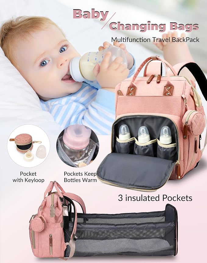 Diaper Bag with Changing Station, Waterproof 3 in 1 Diaper Backpack with Foldable Changing Pad, Large Travel Backpack for Mom & Dad, Baby Gift for Girl & Boy,Pink - Image 2