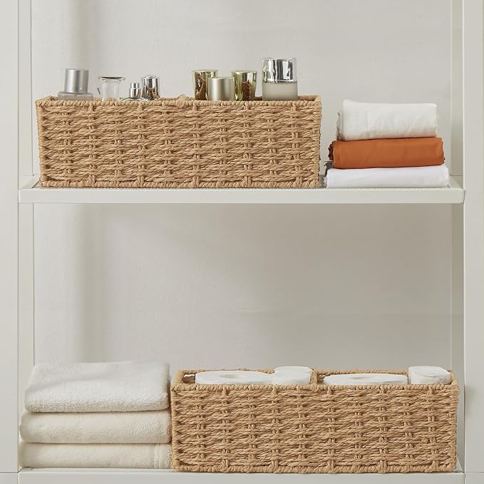 Set of 2 Wicker Storage Basket for for Shelves, Baskets for Organizing, Toilet Paper Basket for Toilet Tank Top, 2-Section, Natural - Image 6