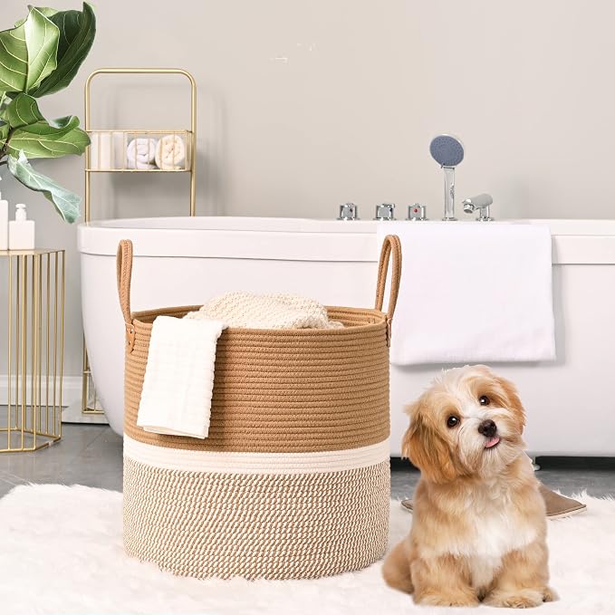 KAKAMAY Large Blanket Basket (18"x18"x16"),Woven Baby Laundry Hamper for Storage, Cotton Rope Blankets Baskets for Nursery, Laundry, Living Room, Pillows, Baby Toy chest with Handles (Brown) - Image 3