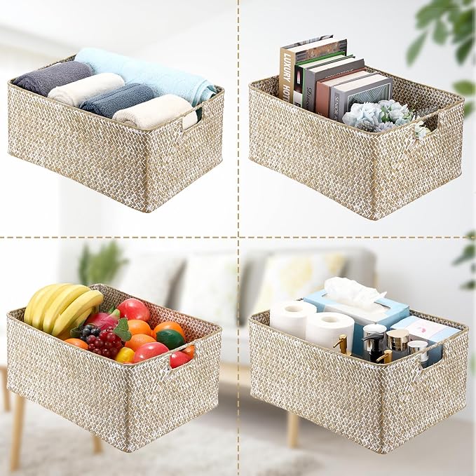 Hipiwe Wicker Storage Basket Bin X-Large Rectangular Opened Baskets Box | Handwoven Seagrass Basket Box with Handle for Shelf Organizing Closet Bathroom, 15.7" L x 11.8" W x 7.5" H - Image 7