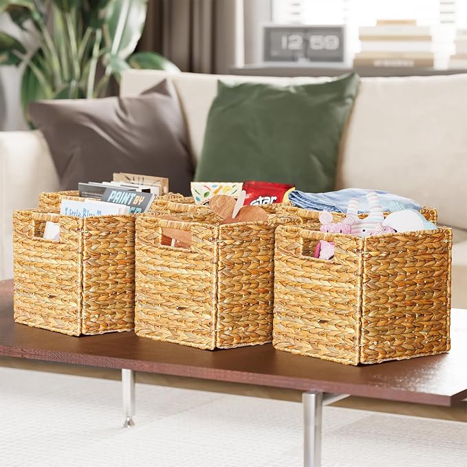 SpaceAid 6 Pack Wicker Basket, Storage Baskets for Organizing, Woven Rattan Basket with Handles for Shelves, Water Hyacinth Large Cube Organizer Storage Bin, 10.5x10.5x10.5 inch, Natural - Image 5