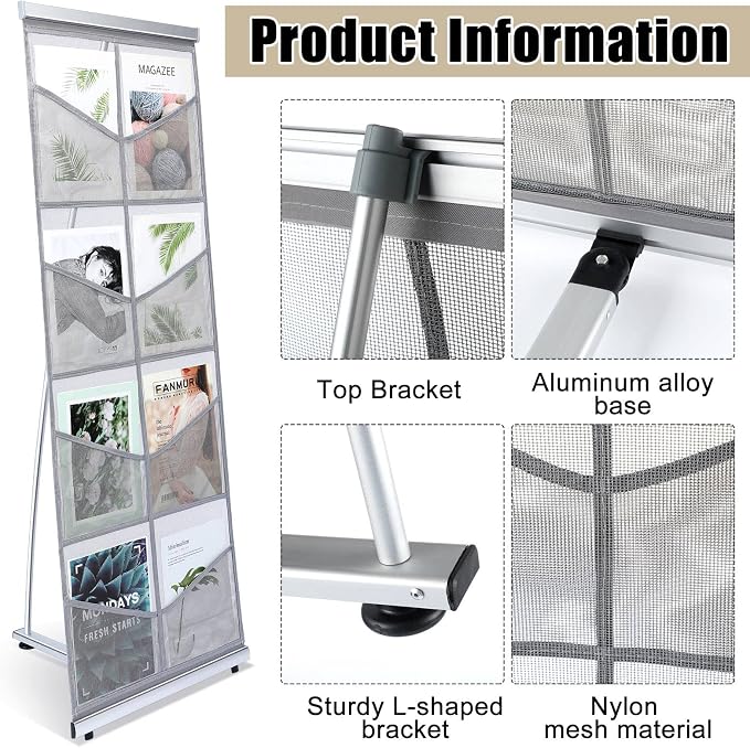 Outus Mesh Literature Brochure Holder with 8 Pocket Portable Magazine Display Roll Up Magazine Rack Lightweight Floor Standing Catalog Office Brochure Display Stand for Business Trade Shows - Image 4